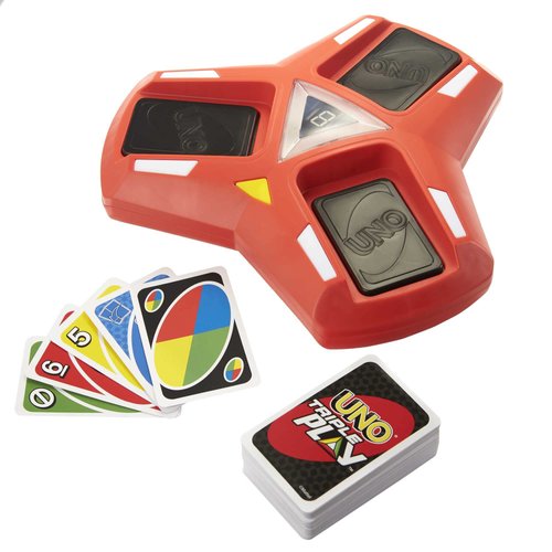 Mattel Games UNO Triple Play Card Game with Card-Holder Unit with Lights & Sounds & 112 Cards, Kid, Teen & Adult Game Night Gift Ages 7 Years & Older, HCC21