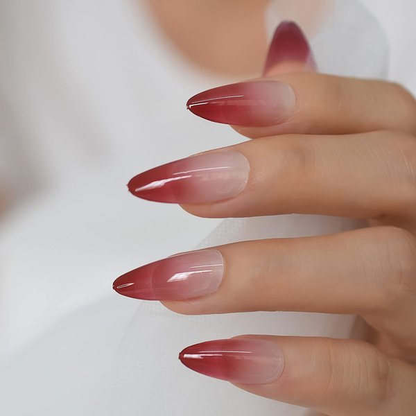 Coolnail Red Ombre Press on Nails Gradient UV Finish Design Medium Long Almond Shape False Fake Nail Pointed Reusable Nail Kit for Women