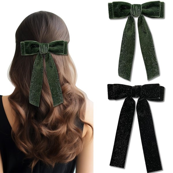 Jseng 2PCS Bling Velvet Bow Hair Clips, Ribbon Bow Hair Clips for Women Green Black, Ponytail Holder Accessories Metal Clips Hair Bow for women Girls Teens