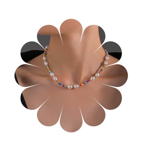 YienDoo Boho Pearl Beaded Choker Necklace Vintage Colored Rice Beads Choker Imitation Pearl Necklace Chain Summer Boho Necklace Jewelry for Women and Girls