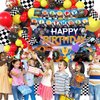 Lnkdeya Trucks Birthday Party Decorations - 144Pcs Trucks Theme Party Supplies Checked Balloon Garland Kit Truck Happy Birthday Banner Backdrop Tablecloth