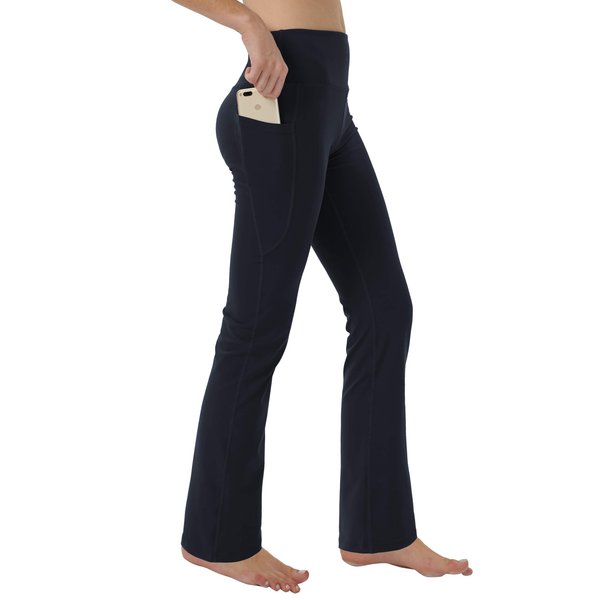 Keolorn Women's Bootleg Yoga Pants with Hidden Pockets Tummy Control Running Legging Long Bootcut(Black, Medium)