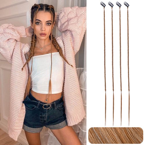 Braid Hair Extensions, 4 PCS Baby Braids Front Side Bang Curtain Bang Clip in Hair Extensions Long Braided Hair Piece Natural Soft Synthetic Hair for Women Daily Wear 20 Inch Ginger