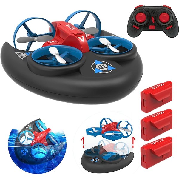 AIROKA 3 in 1 Sea Land and Air 360° Rolling Waterproof RC Drone, Four Axis Aircraft High Speed Drift Cars RC Foam Boat Toys,for Beginners and Gift to Boys and Girls(red)