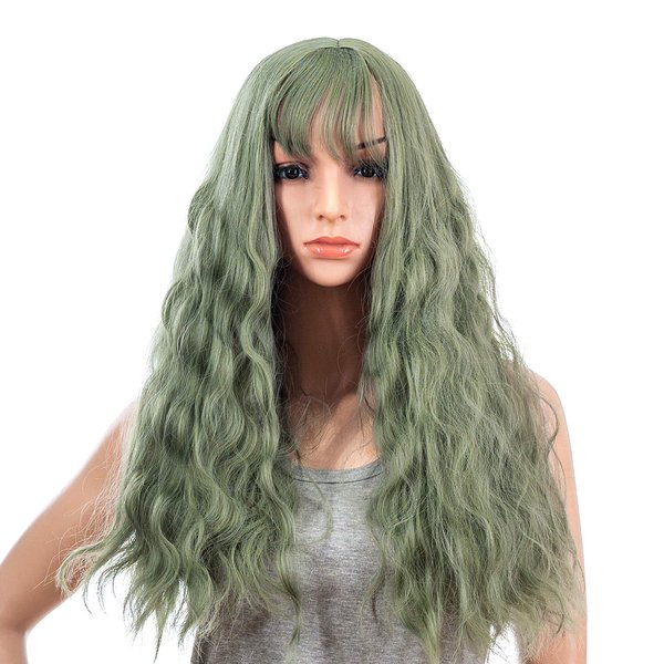 SWACC 26-Inch Women Long Wave Curly Synthetic Hair Full Wig with Wig Cap (Dull Green)