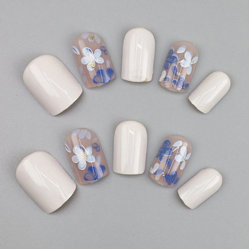 IMSOHOT Short Square Press on Nails Blue Flower Fake Nails Acrylic Glossy False Nails Glossy Squoval White Glue on Nails Full Cover Cute Stick on Nails for Women 24 Pcs