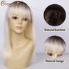 Creamily 14 Inch Short Platinum Blonde Wig for White Women Shoulder Length Straight Wigs with Bangs Dark Color Roots Hair Wigs Natural Looking Synthetic Wig Halloween Costumes Wigs for Women