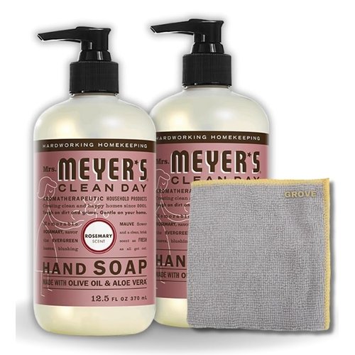 Clean Day Organic Rosemary Scent Liquid Hand Soap 12.5 oz Bundle with Microfiber Cloth - Gentle Hand Soap with Essential Oils & Aloe Vera - (3 Items)