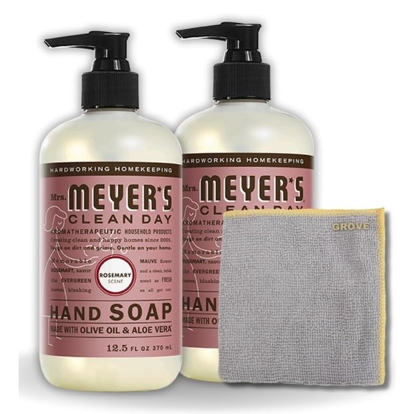 Clean Day Organic Rosemary Scent Liquid Hand Soap 12.5 oz Bundle with Microfiber Cloth - Gentle Hand Soap with Essential Oils & Aloe Vera - (3 Items)