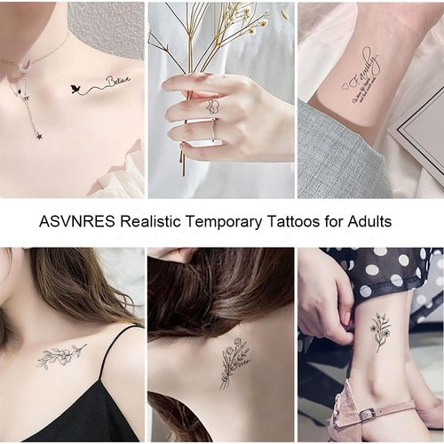 ASVNRES Realistic Temporary Tattoos for Adults - 120 Sheets Tiny Small Removable Fake Tattoos, 60 Pcs Inspirational Quotes Words Tattoos, 60 Pcs Flower Botanical Floral Leaf Tattoo Stickers
