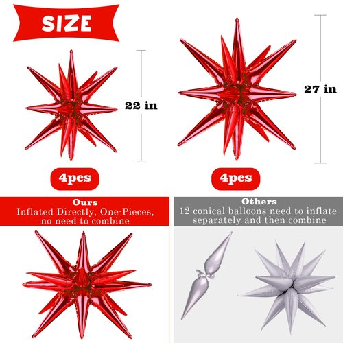 Wrbin 8 Pcs Red Star Balloons, 27/22 inch One-Piece Explosion Balloons Aluminum Foil Balloons for Birthday, Christmas, Wedding, Backdrop, Anniversary, Graduation Party Decorations(Red)