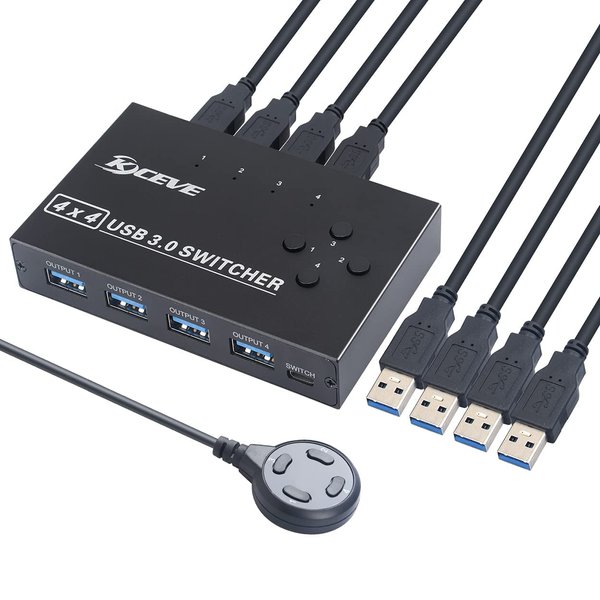 KCEVE USB 3.0 Switch, USB Switcher Selector 4 Computer Sharing 4 USB Devices Printer, Scanner, Mouse, Keyboard, Compatible with Mac/Windows/Linux, with 4 Pack USB 3.0 Cables