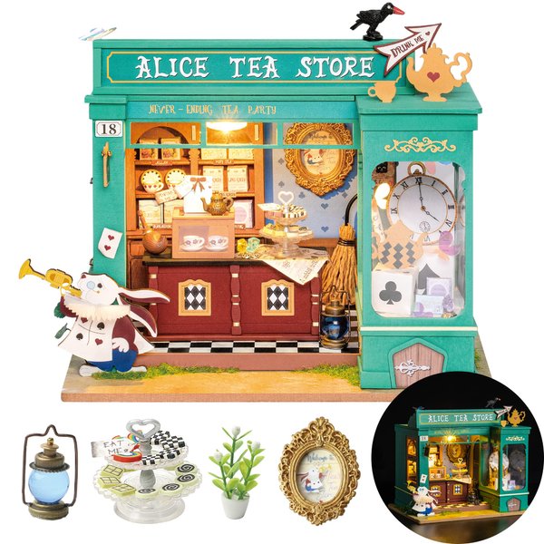 Rolife DIY Miniature House Kit Alice's Tea Store, Tiny House Kit for Adults to Build, Mini House Making Kit with Furniture, Halloween/Christmas Decorations/Gifts for Family Friends (Alice's Tea Store)