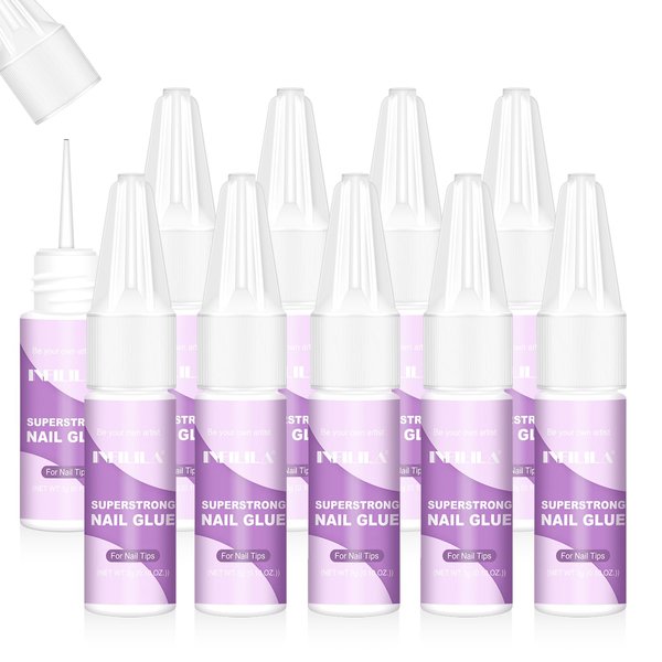 NXJ INFILILA 10Pcs Nail Glue, Super Strength Nail Adhesive for Nail Tips Acrylic Nails Presser Nails Professional Nail Art Glue Long-lasting and Strong False Nail Repair 0.1oz