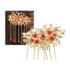 GUEDKIKL 2 Pcs Chinese Hair Comb Set with Long Tassel, Golden Traditional Classical Crystal Pearl Hair Sticks, Ancient Style Hair Accessories for Wedding