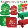 SiliFine 147 Pcs Christmas Party Tableware Set Naughty or Nice Party Supplies Xmas Disposable Dinnerware Plates Napkins Cups Knives Forks Spoons Tablecloth Banner for Xmas Dinner Party Decorations
