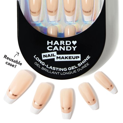 Hard Candy Press On Nails, Reusable with Gel Shine Finish, Gilded, White French Tip, Long Ballerina Nails, includes Nail Glue and Travel Case