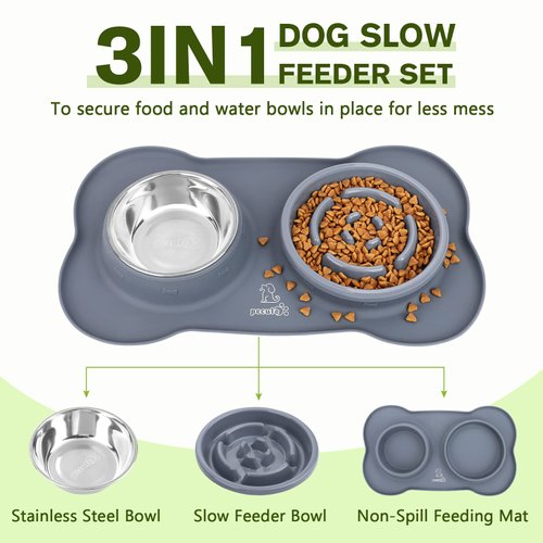 Pecute Slow Feeder Dog Bowls to Slow Down Eating, Dog Bowl Slow Feeder with No-Spill Non-Skid Silicone Mat, Food-Grade Safe Dog Food Bowls Slow Feeder, Stainless Steel Dog Water Bowl for Dogs Cats