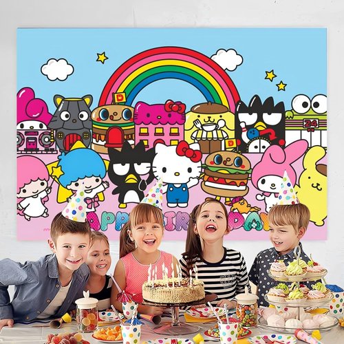 Kitty and Friends Background Birthday Decorations, Cinnamoroll Happy Birthday Banner Backdrop for My Melody Keroppi Birthday Party Supplies (5x3ft)
