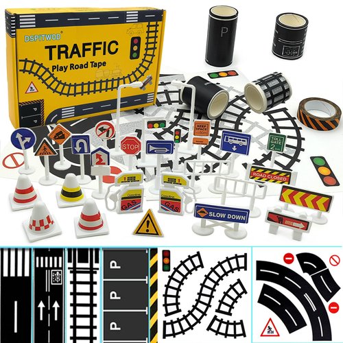 Play Road Tape for Toy Cars & Trains Black Tape 3 Rolls Road Tape 197 inch by 1.9 inch, Packing Traffic Signs Tape Stick to Floors and Walls, Quick Cleanup, for Kids Gift