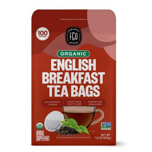 FGO Organic English Breakfast Black Tea, Eco-Conscious Tea Bags, 100 Count, Packaging May Vary (Pack of 1)