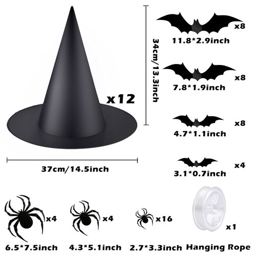 TREWAVE 12PCS Black Halloween Witch Hat with 3D Spider Bat Wall Decal Stickers 100 Yards Hanging Rope, Witch Costume Accessory Party Favor for Halloween Party Cosplay Decoration