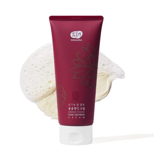 Whamisa Organic Flowers Foam Cleansing Cream, Natural, Fermented, Hydrating, Soothing, Exfoliating, Removes Impurities, Even Skin, Residue-free, 6.7 Fl. Oz / 200ml