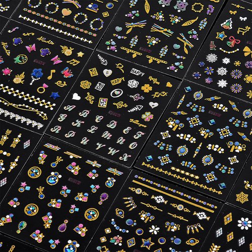 20 Sheets Gold Nail Art Stickers Flower Nails Decals 3D Self-Adhesive French Line Nail Sticker Colorful Diamond Jewel Snowflake Design Nail Art Supplies for Women DIY Nail Art Decorations Accessories