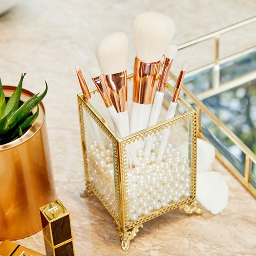 PuTwo Makeup Brush Holder Glass and Brass Vintage Makeup Brush Organizer Handmade Cosmetic Brush Storage with White Pearls for Dresser Vanity Countertop - Gold