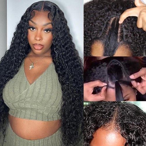 Deep Wave U Part Human Hair Wig Curly U Part Wigs Glueless Human Hair wigs for Black Women None Lace Front Wigs Full Head Clip In Half Wig UPart Hair Extension Natural Color 180% Density 16 Inch