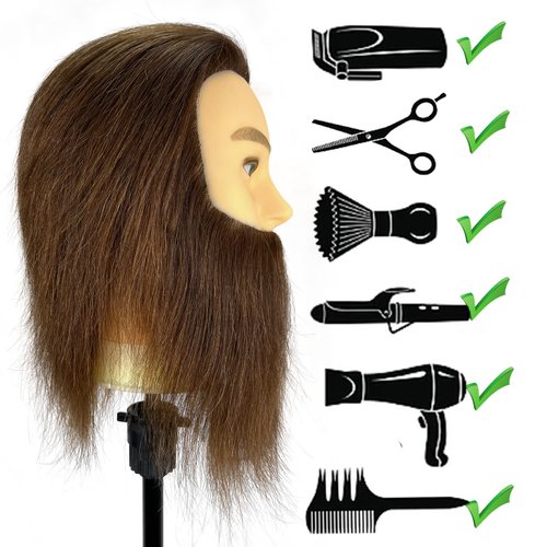 simnient Male Mannequin Head with Beard,Training Head,100% Real Human Hair for Hairdressers Manikin Head for Hair Styling and Practice,Hair Stylists,Cosmetologist,Barber Shop,Cosmetology School