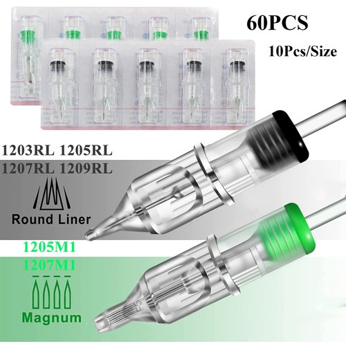 Tattoo Cartridge Needles - Yugui 60Pcs Tattoo Needles 1203RL 1205RL 1207RL 1209RL 1205M1 1207M1 for Tattoo Liner and Shader for Tattoo Kit Tattoo Machine Tattoo Supplies