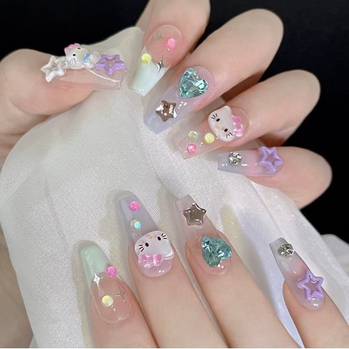 Handmade Press on Nails Medium Coffin - Cute Kawaii Cartoon Y2K 3D Cartoon Cat Design 10Pcs(S)
