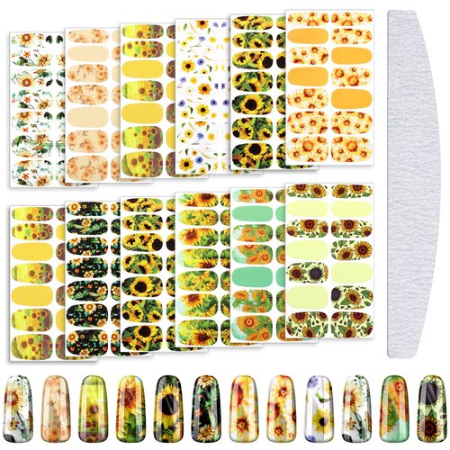 12 Sheets Sunflower Nail Art Stickers Floral Flower Nail Art Stickers Sunflower Self-Adhesive Nail Decals Nail Art Supplies Summer Nails Design with Nail File for Women DIY Nail Decoration