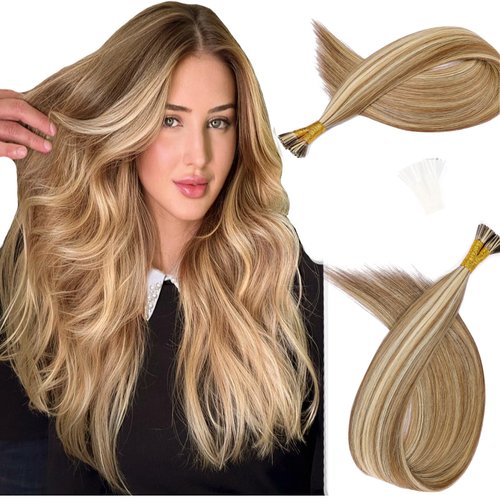 MioYio I Tip Hair Extensions Human Hair 30G/Pack Virgin Hair Itip Human Hair Extensions #P7/60A Pre Bonded I Tip Real Hair Extensions Long Straight Chocolate Brown to Caramel Blonde 20Inch