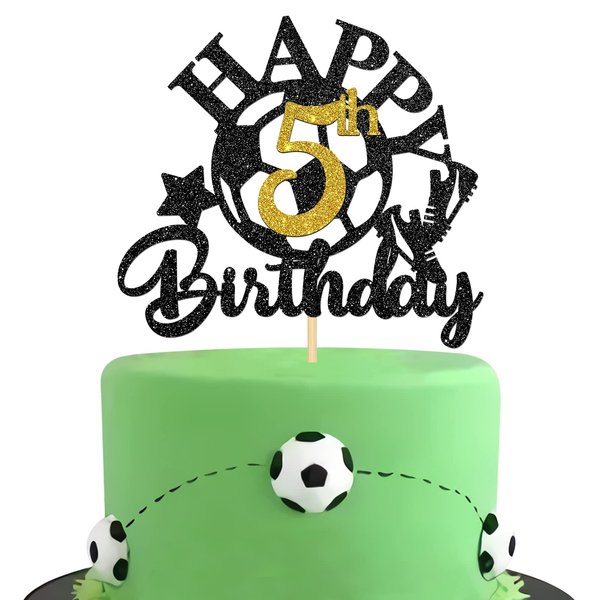 Halodete Soccer Ball Happy 5th Birthday Cake Topper - Sport Theme 5th Birthday Cake Decor - Football Birthday Party Decorations for Children Kids - Glitter Black (5th)