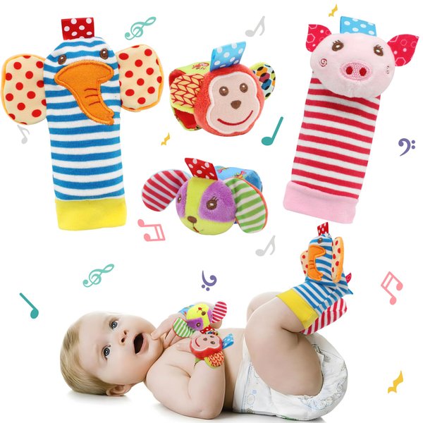 JOYLEX Baby Soft Rattle, Hand Rattle and Socks Toys, Wrist Rattle and Foot Finder, Arm Ring Leg Bell Wear Toy, Infant Plush Toys, Wrist Chew Toy, Gift for Newborn Boy & Girl (4 pcs-B)