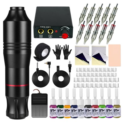 Blackbudda Tattoo Kit, Rotary Tattoo Gun Kit with Power Supply, Foot Pedal & Pigment, 10pcs Cartridge Needles Semi Makeup Practice Kit for Tattoo Artists (Black)