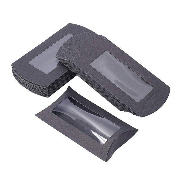 BENECREAT 30pcs 5x3x1.5 Inches Black Kraft Paper Pillow Boxes with Clear Window, Candy Packaging Box Treat Box for Birthday Wedding Party