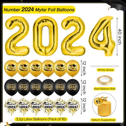 2024 Graduation Party Decorations Balloons Set-40 Inch Gold Number 2024 Aluminum Foil Balloons and 18Pcs Black Gold Graduation Theme Latex Balloons Confetti Balloons for 2024 Graduation Party Supplies