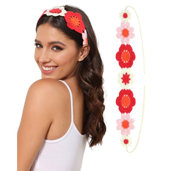 AWAYTR Crochet Headbands for Women Hippie Headband Bandana Tie-Back Knit Headband for Girls Wide Head Bands Floral Crochet Headwrap (Red + Pink)