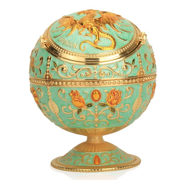 K COOL Pterosaur Windproof Ashtray with Flip Lid for Cigarette Metal Portable Smoking Tobacco Ashtray Indoor Outdoor, Handicrafts Rose Pattern Classy Gift for Women Men (Jade Green- Golden)