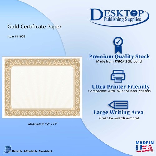 Gold Border Blank Certificate Paper - 100 Pack - 8.5" x 11" Certificates for Printer Awards