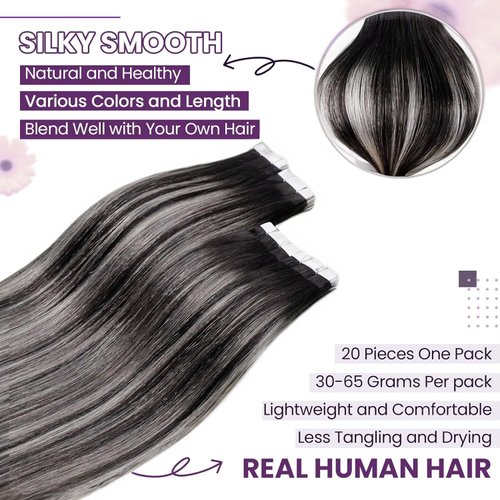 LaaVoo Ombre Tape in Hair Extensions Human Hair 16 Inch Hair Extensions Tape in Balayage Natural Black to Grey Silver Tape in Extensions Human Hair Seamless Silky Straight 20pcs 50grams