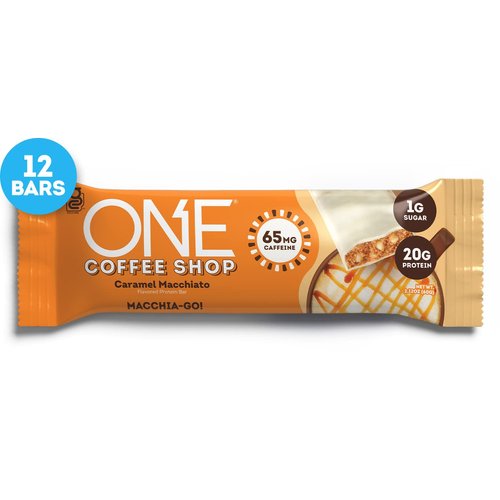 ONE Coffee Shop Caffeinated Protein Bars, Caramel Macchiato, Gluten Free with 20g Protein and 65mg of Caffeine Energy, Pantry Staples, 2.12 oz (12 Count)