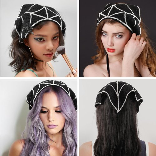 Halloween Headbands for Women, Crochet Bandana Black Head Scarf with Gothic Hair Accessories Halloween Hair Clips, Y2K Accessories Spider Rhinestone Barrettes Cute Bandanas for Hair Halloween Gifts