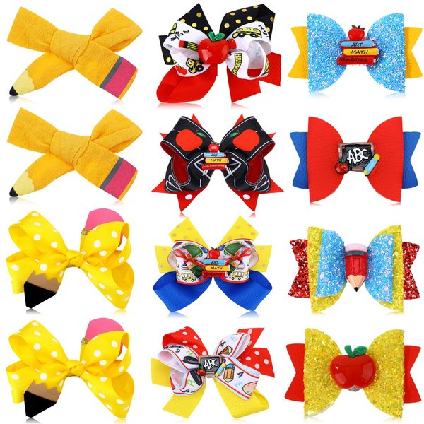 Zeyune 12 Pcs Back to School Bow Hair Clips Yellow Pencil Apple Book Blackboard Hair Bows Barrette Colorful Baby Girl Bow Clips Toddler Clip Bows for Girls Kids Students Kindergarten Hair Accessories