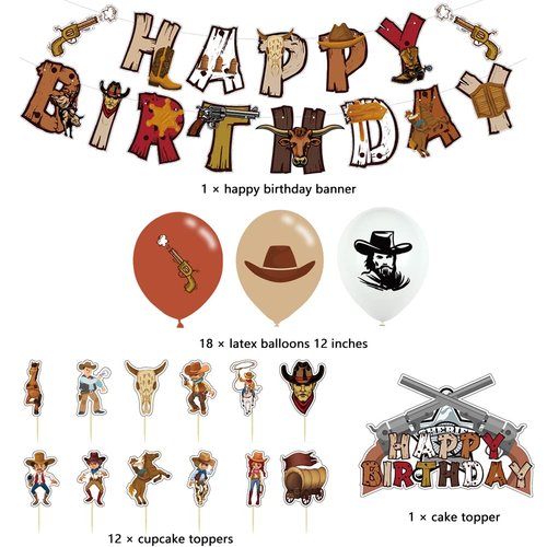 Cowboy Birthday Party Decorations, Western Cowboy Theme Happy Birthday Banner Latex Balloons Cake Cupcake Toppers for Boys Kids Birthday Rodeo Horse Racing Cow Pony Theme Party Supplies