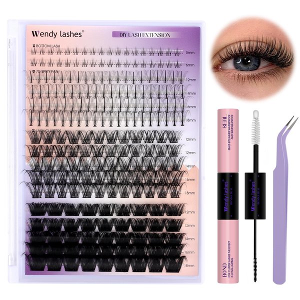 DIY Lash Extension Kit Lash Clusters With Bottom Lashes 12-18mm Multi-types Individual Lashes Bond and Seal, Spike, Volume Lashes Kit Lash Applicator(Natural/Dramatic, Kit)