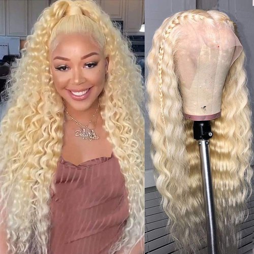 613 Blonde Lace Front Wig Human Hair 10A Deep Wave T Part Human Hair Wigs for Women 28Inch Brizilian Virgin Hair Blonde Lace Frontal Wigs Glueless 180% Density Pre Plucked